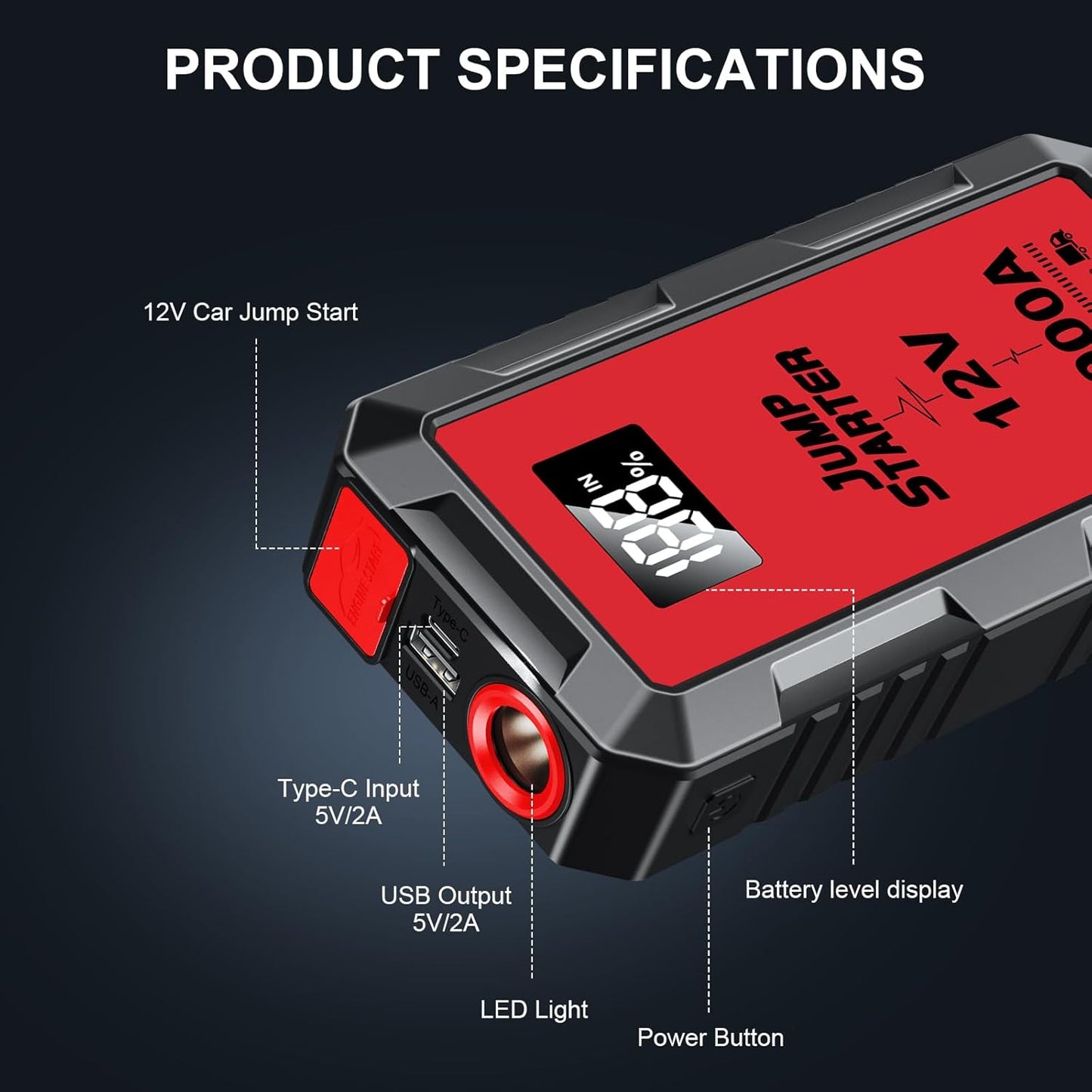 Car Jump Starter 6000A, 12V Jump Starter Battery Pack (All Gas,up to 10.0L Diesel Engine) Jumper Cables Portable Lithium Jump Box, USB Output and LED Light