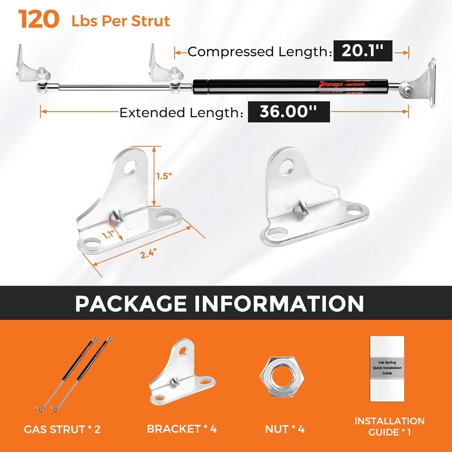 36 Inch 120 Lb(96-132lbs) 534N Gas Struts for Heavy Lid, Rv Storage Bed Lift Heavy Duty Shock，36'' Spring Kit with Mounting Brackets, 2pack