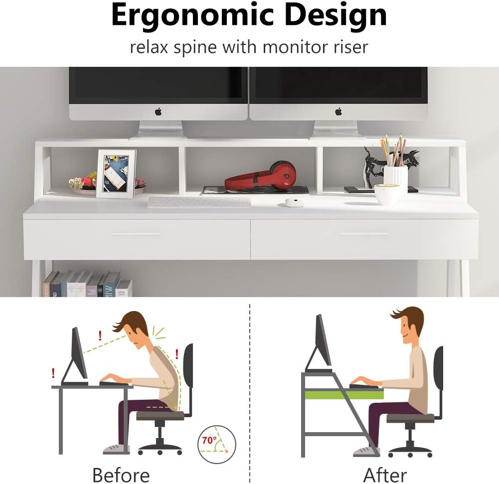 Tribesigns Computer Desk with Storage Shelf & Drawers, Modern 47 inch Office Writing Desk Study Table with Monitor Stand Riser for Home Office Use (White)
