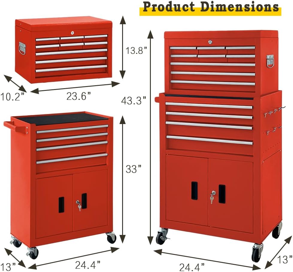 13-Drawer Rolling Tool Chest with Double Door Handle, 2 in 1 Detachable Tool Chest, Large Tool Storage with Wheels, Lockable Tool Cabinet for Garage, Barbershop-Red