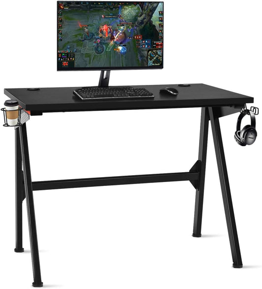 Tangkula Computer Desk Gaming Desk, E Sports Gamer Table, Professional Gamer Workstation with Cup Holder, Headphone Hook, Ergonomic PC Gaming Table, Writing Desk for Home Office (Black)