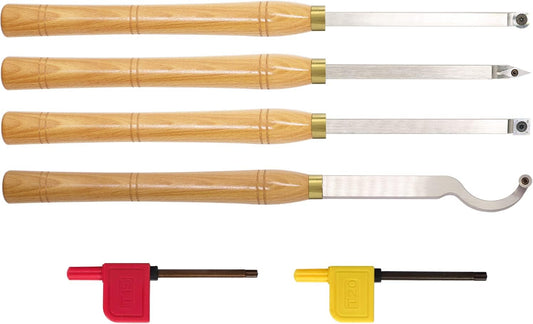 AT04 Carbide Tipped Wood Turning tools Lathe set Rougher Detailer Finisher Swan Neck Hollower with Solid Wood Handle and Diamond Round Square Carbide Inserts 4pcs
