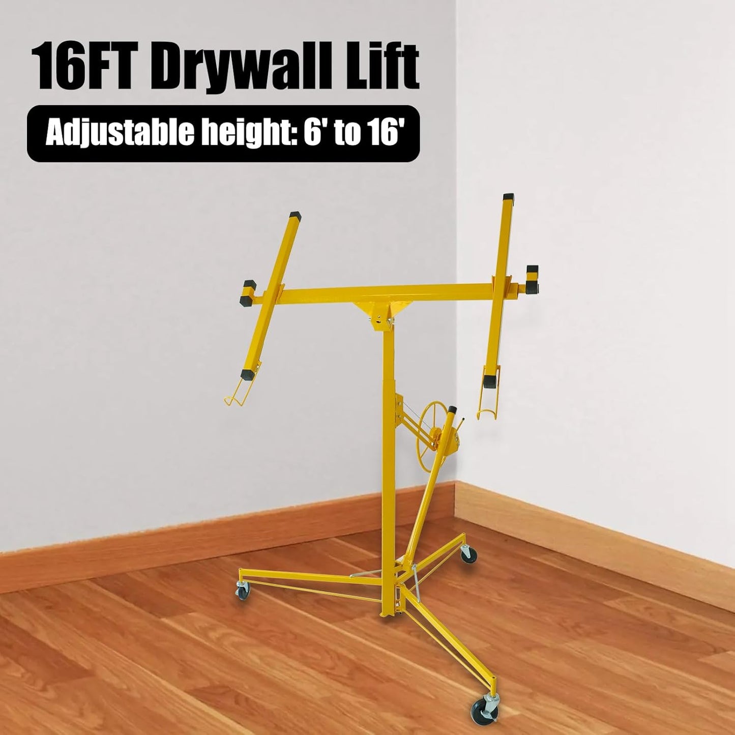 16 FT Drywall Lift Panel Rolling Hoist Jack Lifter Sheetrock, Drywall Lifting Construction Tools Caster Wheel with Adjustable Telescopic Arm, 16', Yellow