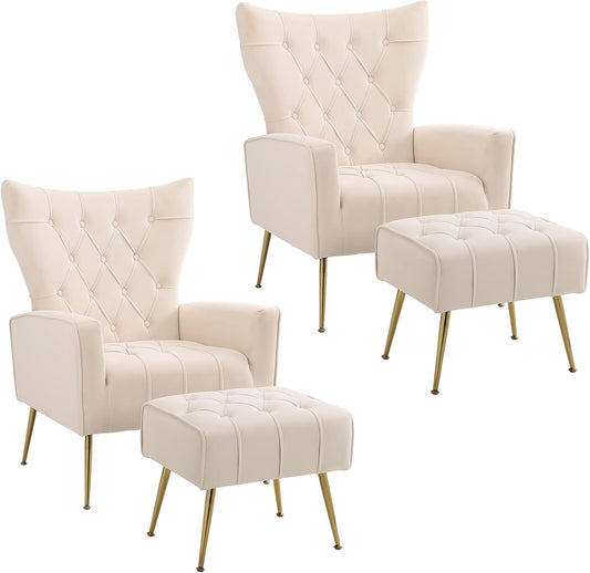 Accent Chair with Ottoman Set of 2, Comfy Chair and Ottoman Set, Upholstered Tufted Lounge Chair with Wide Seat Footrest, Reading Armchair for Living Room Bedroom, Beige，Velvet