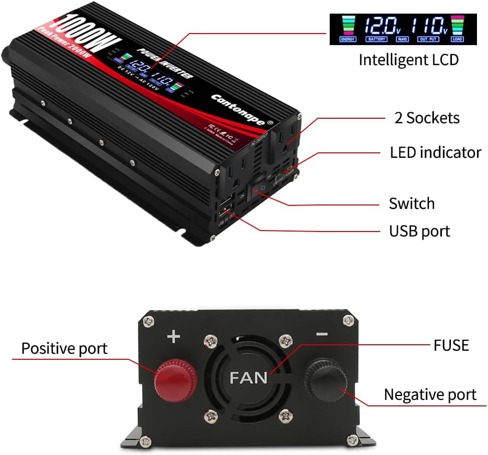 1000 Watt Car Power Inverter DC 12V to 110V/120V AC Converter with LCD Display Dual AC Outlets and Dual USB Car Charger for Car Home Laptop Truck Black