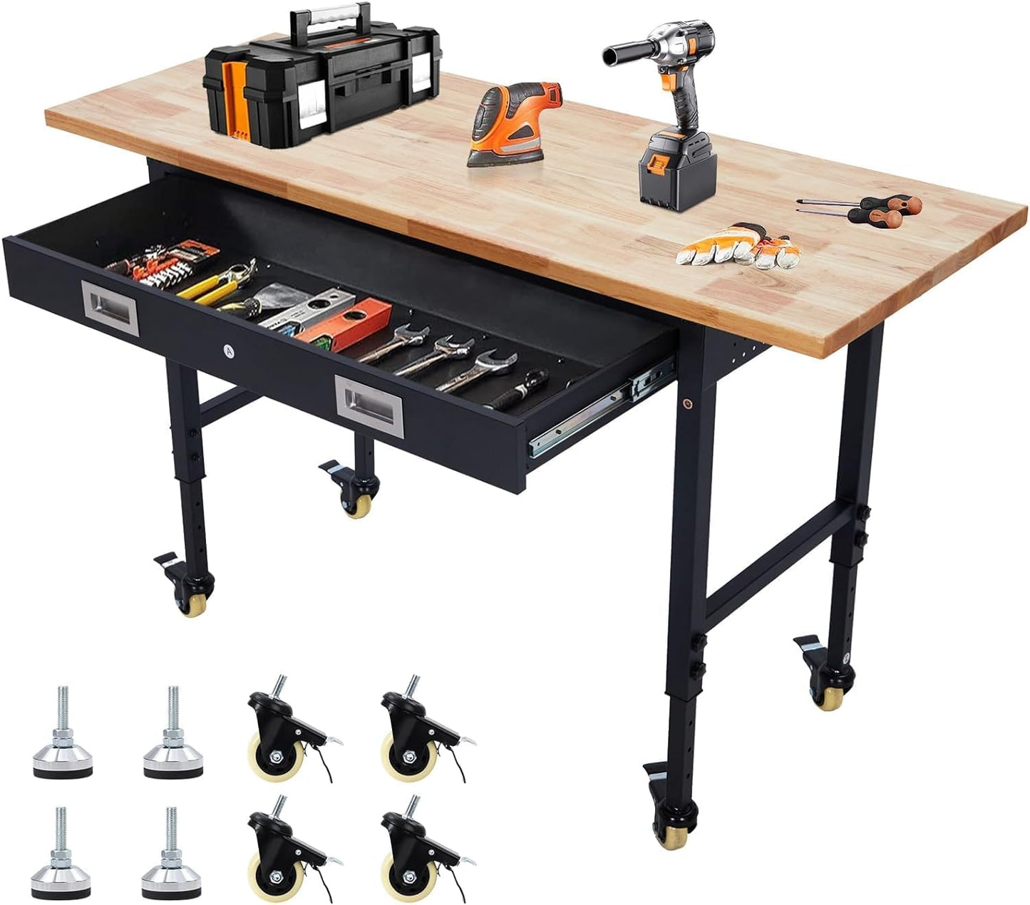Workbench 60" x 22" Adjustable Height Worktable, Heavy Duty Rubber Wood Top, 2000 LBS Load Capacity, Tool Storage Workstation with Drawer, Pegboard, Power Outlets & Lockable Wheels, with Drawer Back