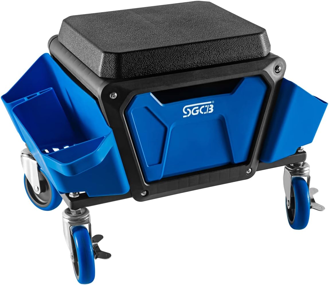 SGCB Automotive Mobile Rolling Mechanics Stool - Heavy Duty Roller Creeper Seat Soft Rubber Cushion Brake Wheels Storage Drawers Tray Roller Seat for Home DIY Garage Car Detail, 330lb Load Bear