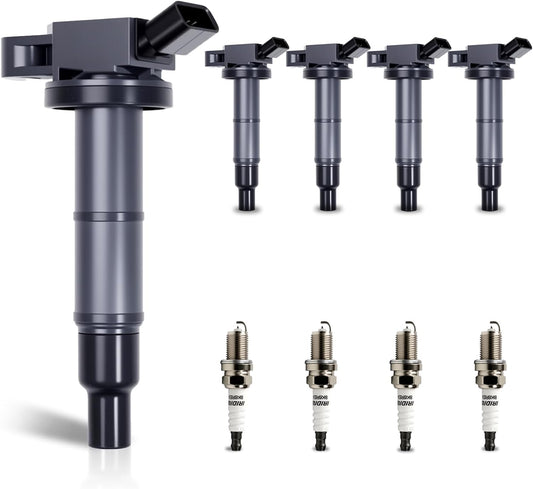 Set of 4 UF333 Ignition Coils and Spark Plugs Set Compatible with Toyota 2002-2008 Camry, 2001-2007 Highlander, 2001-2008 RAV4, SCION 2005-2010 TC Replace UF333 C1330 90919-02244