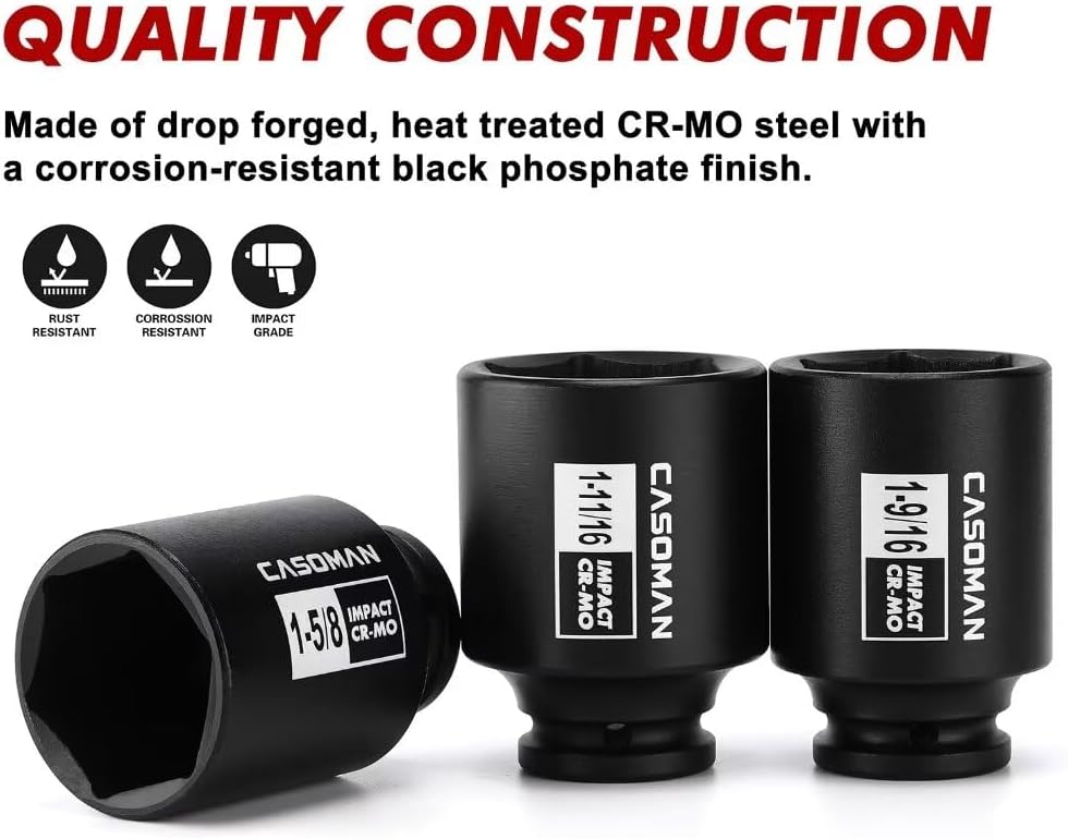 CASOMAN 11PCS 1/2-Inch Drive Large Impact Socket Set, 6 Point, 1-3/8-Inch to 2-Inch, SAE Spindle Axle Nut Impact Socket Set, CR-MO