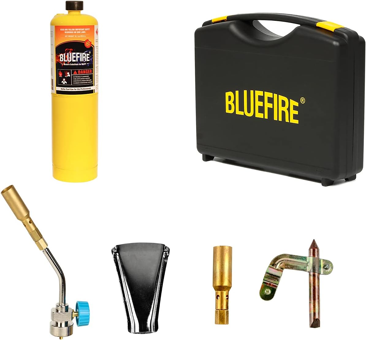 BLUEFIRE Solid Brass Pencil Flame Gas Welding Torch Head Nozzle Professional Upgrade Kit with MAPP All-Purpose Bundle with hard box interchangeable heads Fuel by MAP Pro Propane CGA 600 Cylinder