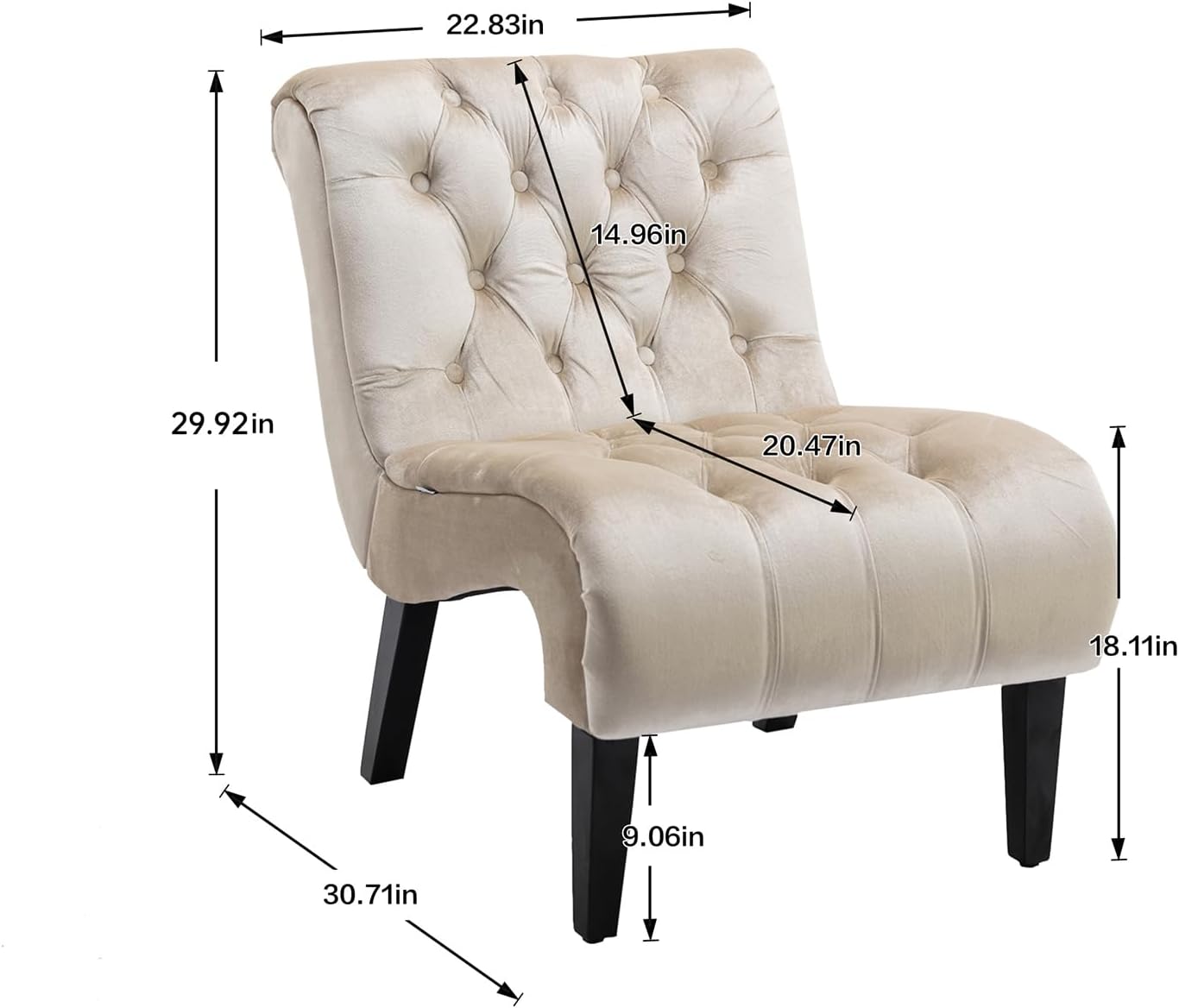 Comfy Velvet Accent Chair Set of 2, Upholstered Armless Side Chair for Living Room, Modern Small Lounger with Tufted Back and Rolled Edge Design, Comfy Chaise Lounge with Rubber Wood Legs, Beige