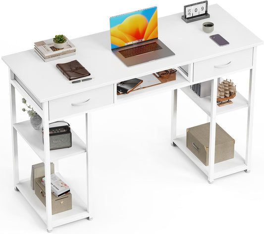 47 Inch Computer Desk with 2 Drawers, Home Office Desk with Wooden Shelves, Study Writing PC Table for Small Spaces, Bedroom, Dorm or Living Room, White