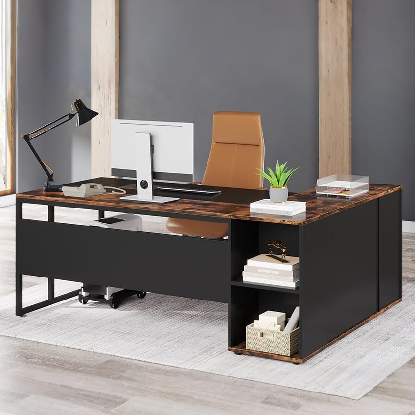 Tribesigns 71" L-Shaped Executive Desk, Large Office Desk with Lateral Cabinet and Open Shelves, Industrial Computer Table for Home Office, Walnut & Black