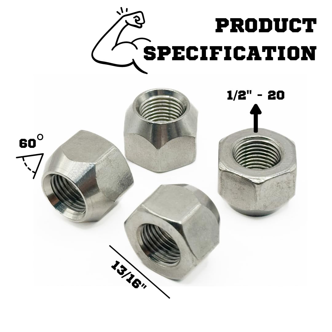 304 Stainless Steel Open Cone Wheel Nuts, 1/2"-20 Thread, Ideal for Trailers and RVs, Corrosion Resistant, 20-Pack