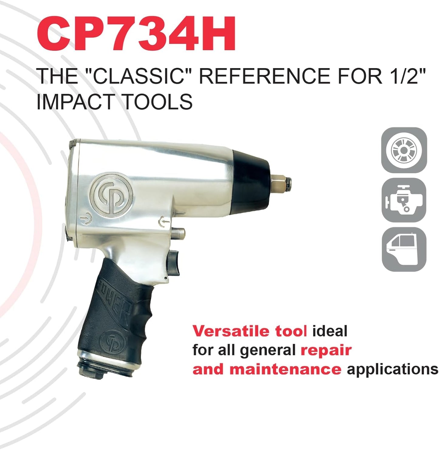 Chicago Pneumatic CP734H - 1/2 Inch Air Impact Wrench, Pistol Handle, Max Torque Reverse Output 425 ft. lbf / 576 Nm, 9,500 RPM, Pin Clutch, Industrial Tool, Automotive