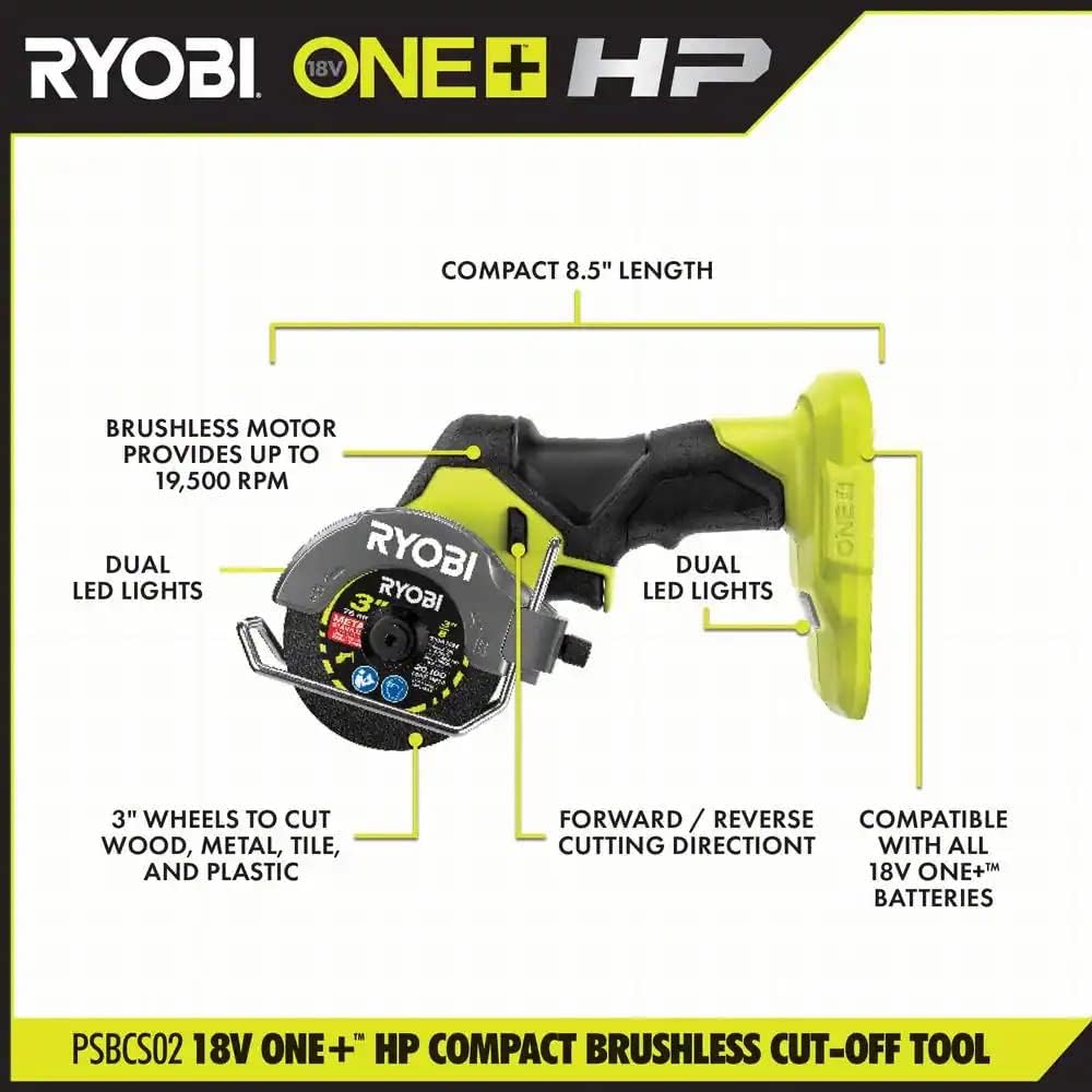 RYOBI ONE+ 18V Compact Brushless 3" Cut-Off Tool Kit