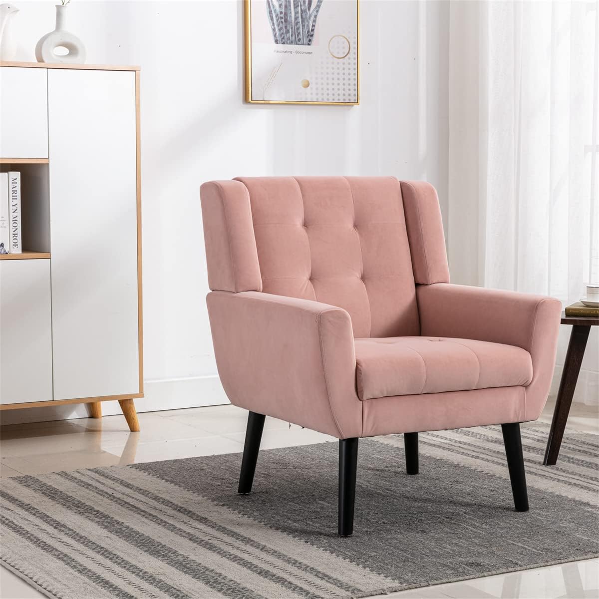 Velvet Accent Armchair,Upholstered Fabric Living Room Chair Ergonomics Chair Home Chair with Solid Black Legs,Tufted Back Decorative Chair Reading Chair for Indoor Home Living Room,Pink