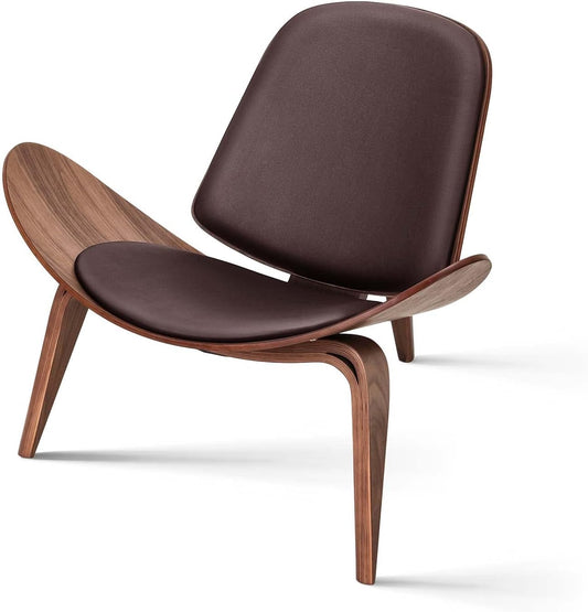 1inchome Mid Century Modern Shell Lounge Chair, Full Grain Leather, Scandinavian Furniture Tripod Plywood Classic Design Solid Wood Accent Chairs for Living Room, Reading, Lounge, Office, Salon