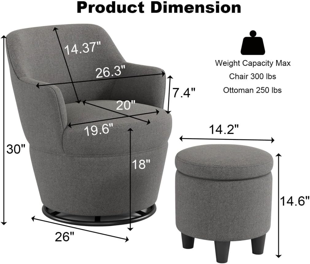 360° Swivel Accent Chair with Ottoman, Lounge Sofa with Nail Trim, Living Room Chairs, Bedroom Chair, Vanity Chair, Swivel Barrel Chair, Gray