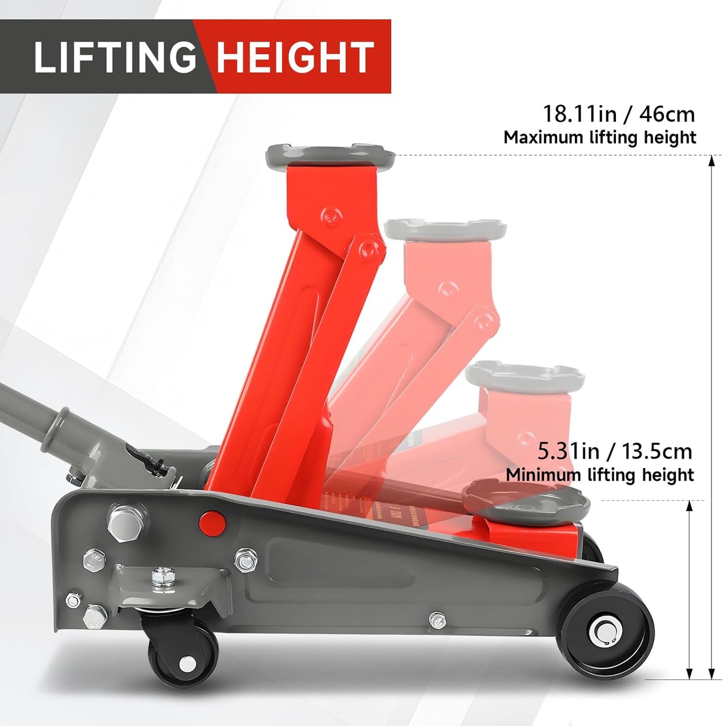 3 Ton Floor Jack,6600 LBS Heavy Duty Hydraulic Floor Jack with Wheels,Lift Range:5.31'' -18.11'',Carbon Steel Material,Suitable for Home,Garage and Repair Shops,Red