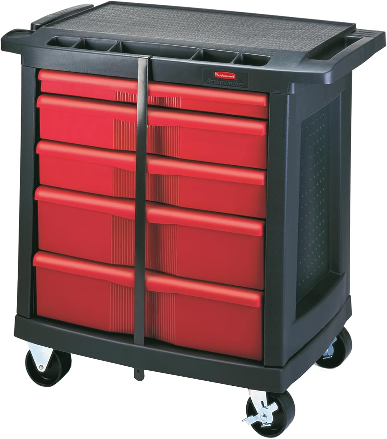 Rubbermaid Commercial Products Mobile Tool Work Center, 5 Drawers, 250 lb. Capacity, Black, for Warehouse/Garage/Cleaning/Maintenance