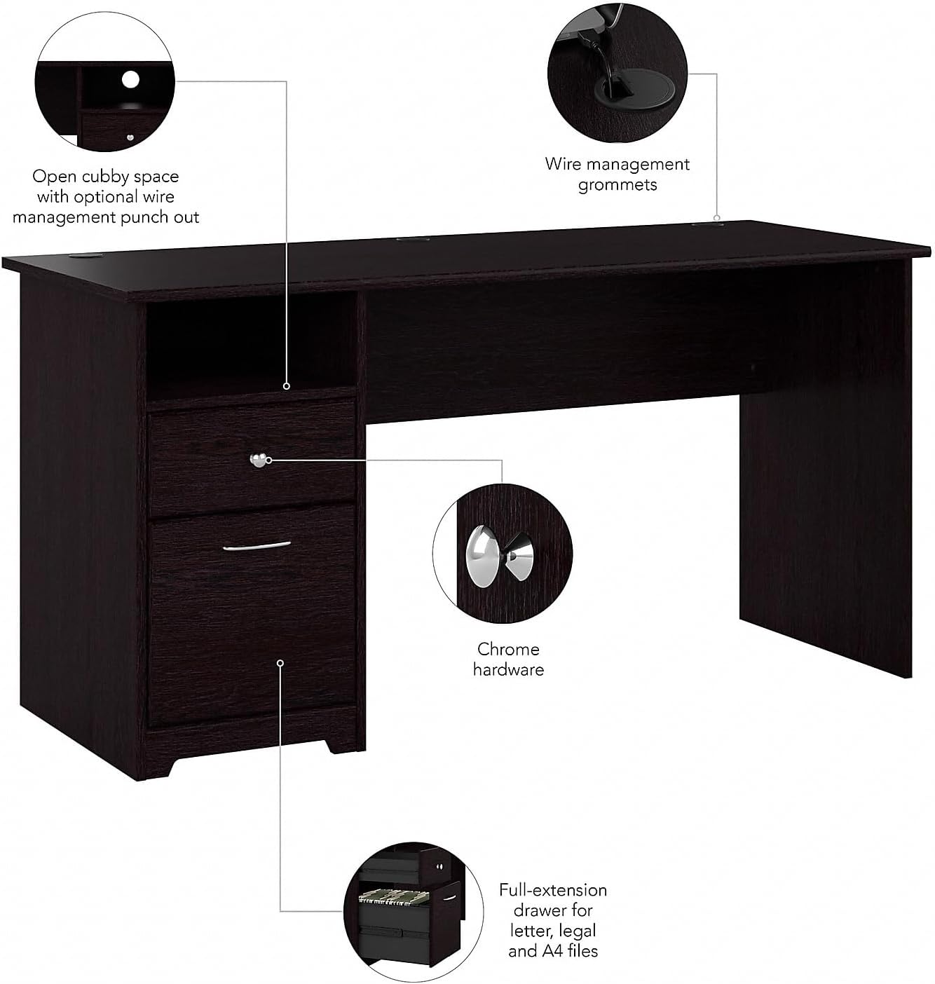 Bush Furniture Cabot 60W Computer Desk with Drawers in Espresso Oak, Workstation and File Storage, Desktop with Organization Solutions for Home Office