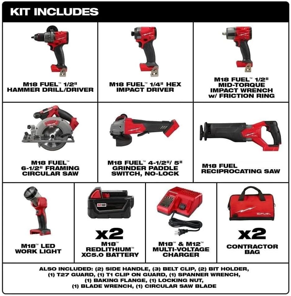 7 Tool 3697-27 for Milwaukee M18 FUEL Cordless Combo Kit 2904-20 Hammer Drill/Driver 2953-20 1/4" Hex Impact Driver 2821-20 Recip Saw 2730-20 Circular Saw 2880-20 Grinder Paddle 2962-20 Impact Wrench