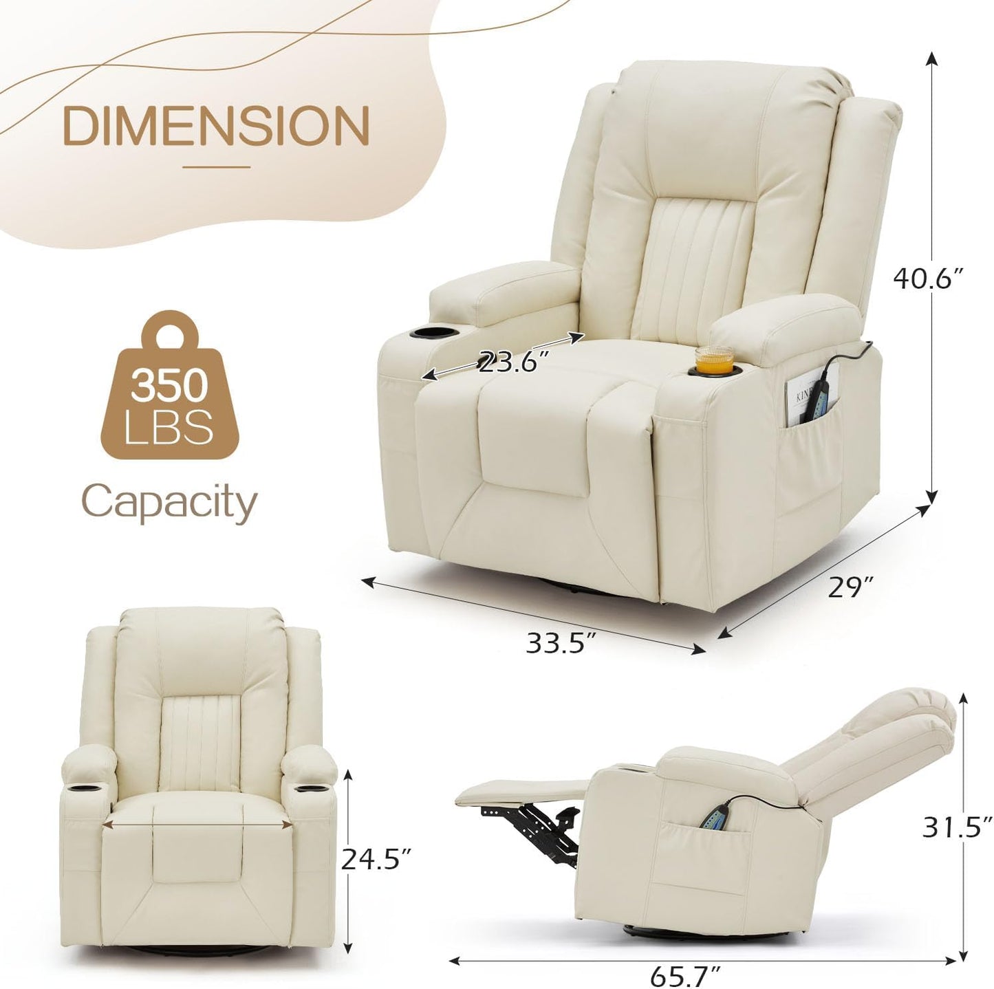 YODOLLA Massage Manual Recliner Chair with Heat, Leather Rocking Swivel Chair Lazy Boy Recliner Chair w/ 2 Side Pockages, 2 Cup Holders for Living Room, RV, Cream White