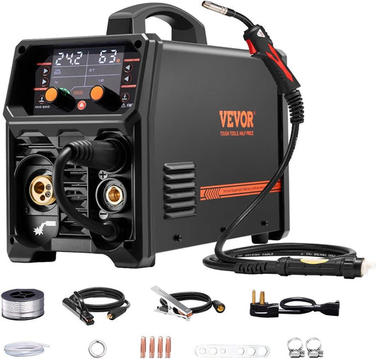 VEVOR MIG Welder, 200A Synergic Mig Welding Machine, 4-in-1 Gas MIG/Flux Core MIG/Stick/Lift TIG Multi-Process Welder Machine, 110V/220V Dual Voltage Mig Welder with IGBT Inverter & LCD Screen Display