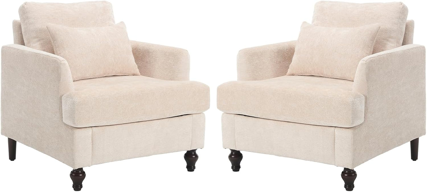 Chenille Accent Chair Set of 2, Mid-Century Modern Living Room Chair Wood Frame Armchair with Pillow Comfy Lounge Chair for Club Bedroom Office, White
