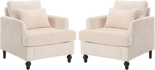 Chenille Accent Chair Set of 2, Mid-Century Modern Living Room Chair Wood Frame Armchair with Pillow Comfy Lounge Chair for Club Bedroom Office, White