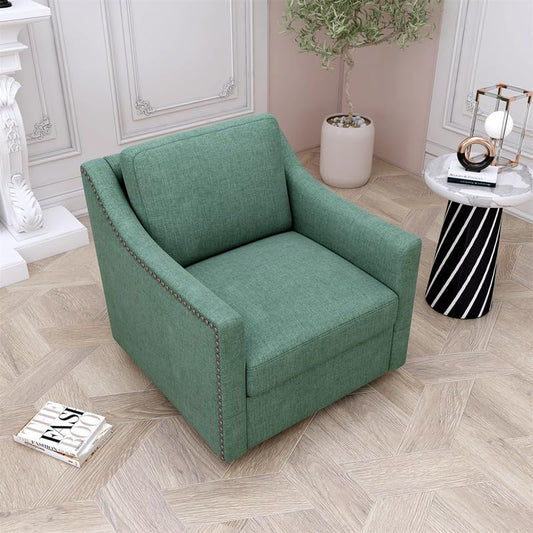 Swivel Accent Chair Armchair, 360° Swivel Chair in Cotton Linen, Living Room Chairs with Wide Cusion and Curved Armrest, Comfy Barrel Sofa Reading Chairs for Bedroom, Small Spaces, Office, Green