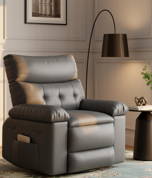 27" Oversized Recliner Chairs with Heat and Massage - 360° Swivel Lazy Recliner Chair for Adults- Manual Rocking Chair with Remote Control for Living Rooms, Bedrooms and Nurseries - Grey