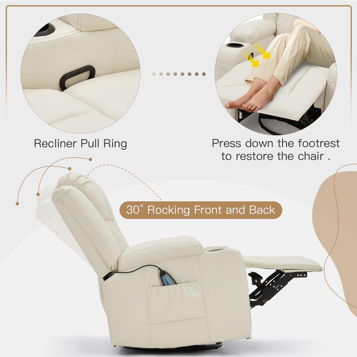YODOLLA Massage Manual Recliner Chair with Heat, Leather Rocking Swivel Chair Lazy Boy Recliner Chair w/ 2 Side Pockages, 2 Cup Holders for Living Room, RV, Cream White