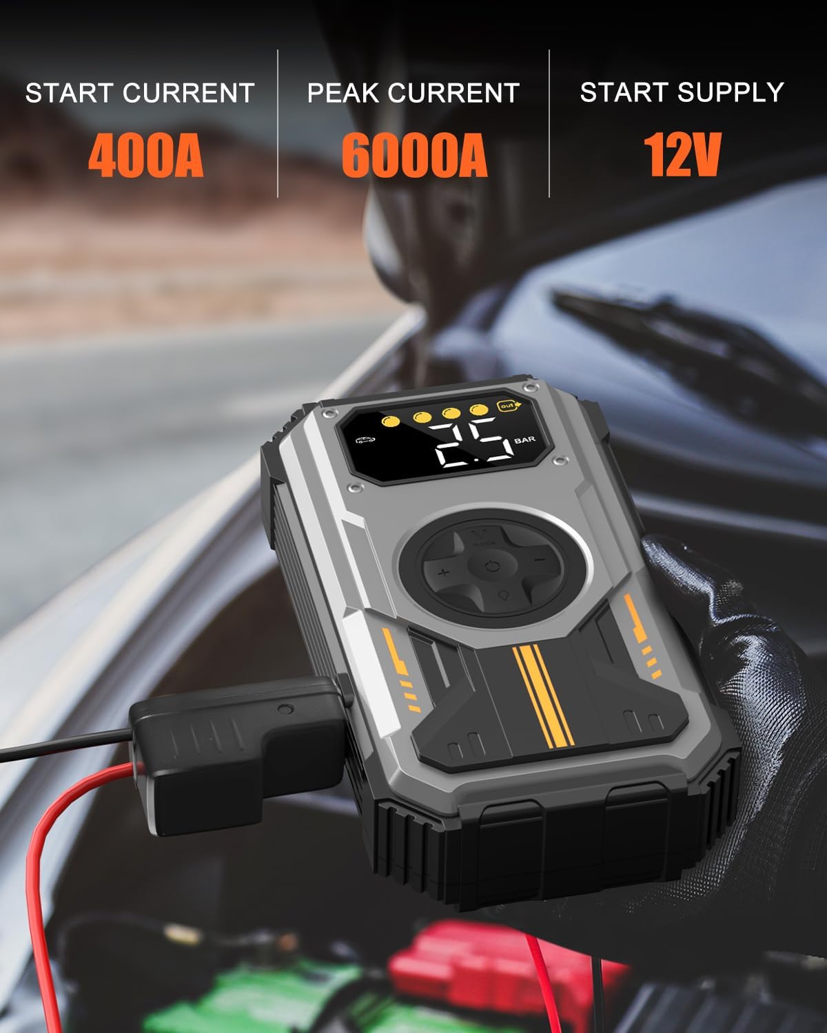 Car Battery Jump Starter with Air Compressor, Rechargeable Car Jumper Portable 6000A (Up to 7.5L Gas, 6L Diesel), LCD Display LED Flashlight Operating Temperature -20℃ to 70℃ (PD-270, 6000A)