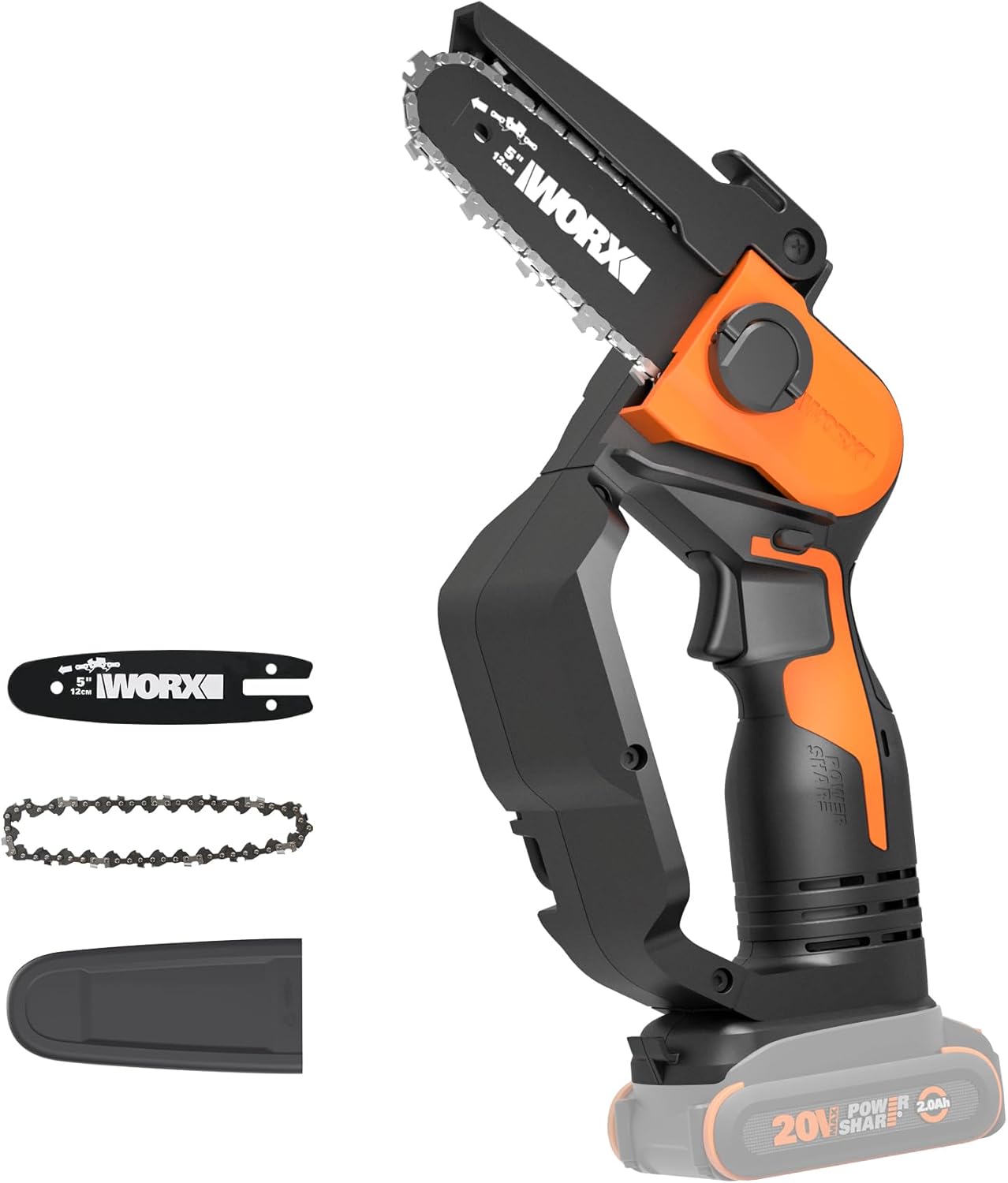 Worx 20V 5" Mini Cordless Chainsaw, 3.9 lbs, 22 ft/s Chain Speed, Power Share Battery, Upper & Hand Guard WG324 - Battery & Charger Included