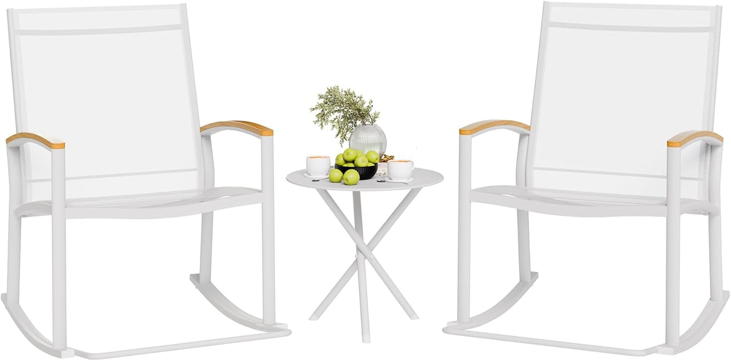 Shintenchi 3 Piece Outdoor Rocking Bistro Set, Textilene Fabric Small Patio Furniture Set, Front Porch Rocker Chairs Conversation Set with Table for Lawn, Garden, Balcony, Poolside (Black)