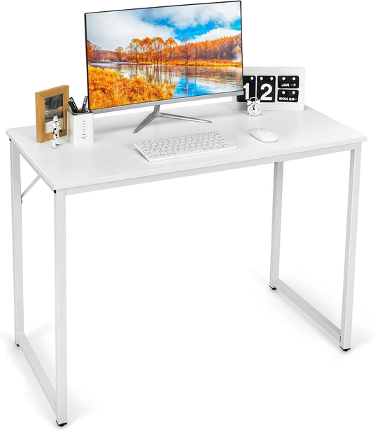 Tangkula White Computer Desk, Small Study Writing Desk with Sturdy Metal Frame, Modern Simple Laptop Desk for Home Office, Easy Assembly