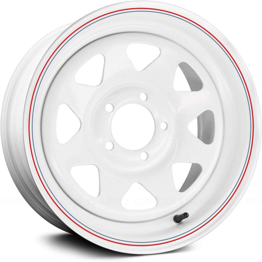 Allied Wheel 80W White 8-Spoke 15x7 5X4.5, 3.75"BS, Durable Gloss White Finish Steel Wheel for Cars and Light Trucks, Chrome Cap Included, Protective E-Coating