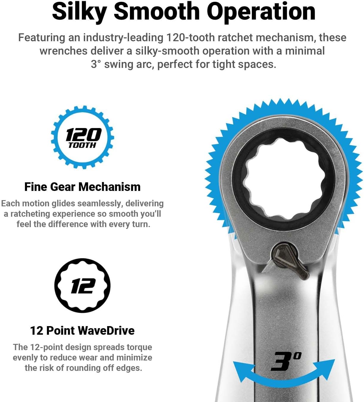 Capri Tools 120-Tooth Ultra-Smooth Reversible Ratcheting Wrenches Set, XL Long Series, 12-Point, 8 to 19 mm, Metric, 12-Piece with Merchanic's Tray