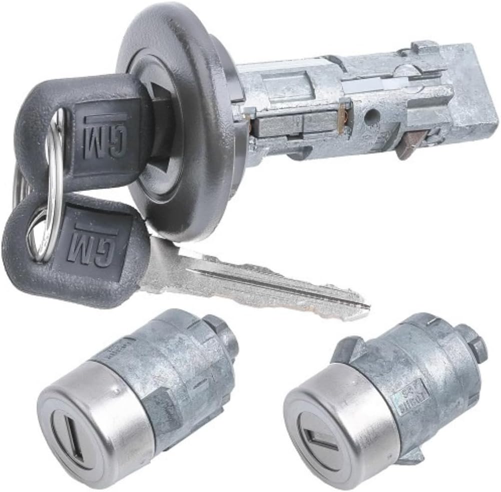 Set of 1 Ignition Switch Lock Cylinder and 2 Front Door Lock Replacements, Compatible with Chevy and Sierra. Includes 2 Chevy Logo Round Hole Keys and 2 GM Keys, All keyed Alike, OEM Set.