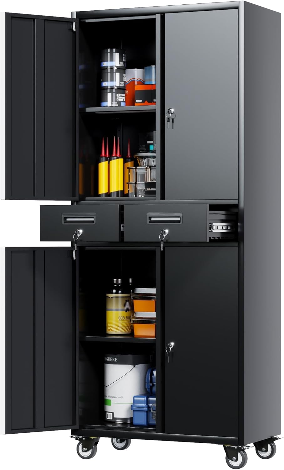 71" H Broom Storage Cabinet with Wheels and Doors,Rolling Tool Cabinet with Pegboard,Shelves and Rod for Garage Warehouse Home,Required Assembly,Black