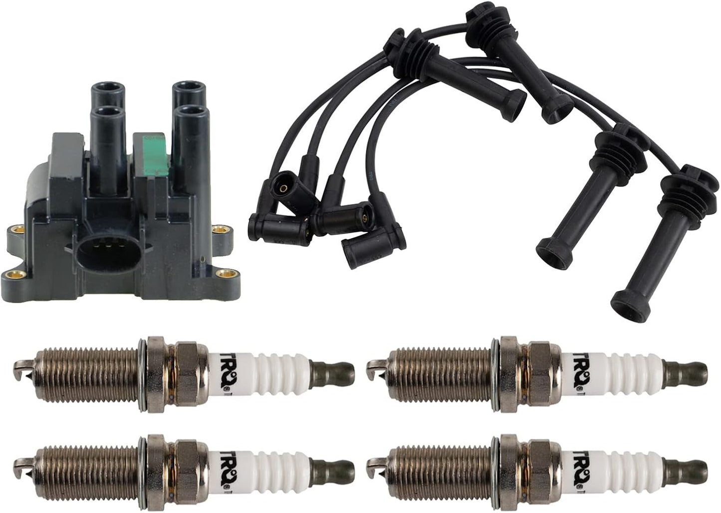 TRQ Ignition Kit Ignition Coil Spark Plugs Wire Set Compatible with 2002-2004 Ford Focus