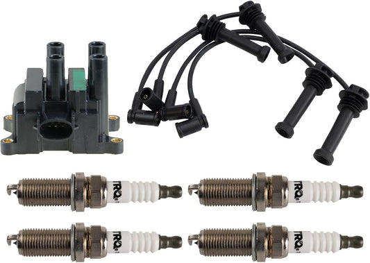 TRQ Ignition Kit Ignition Coil Spark Plugs Wire Set Compatible with 2002-2004 Ford Focus