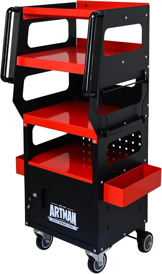 4-Tier 1-Cabinet Tool Cart on Wheels, Multifunctional Rolling Tool Chest Tool Storage with Key Lock and Handle, Rolling Tool Trolley Organizer Tool Case for Workshop, Diagnostics(Black+Red)