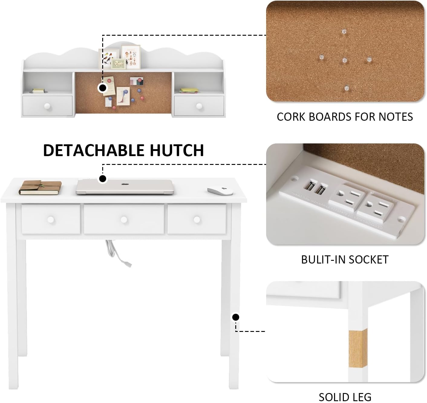 White Writing Desk with Hutch and Drawers, 36 Inch Home Office Desk with Charge Station, Computer Work Station with Storage Shelf