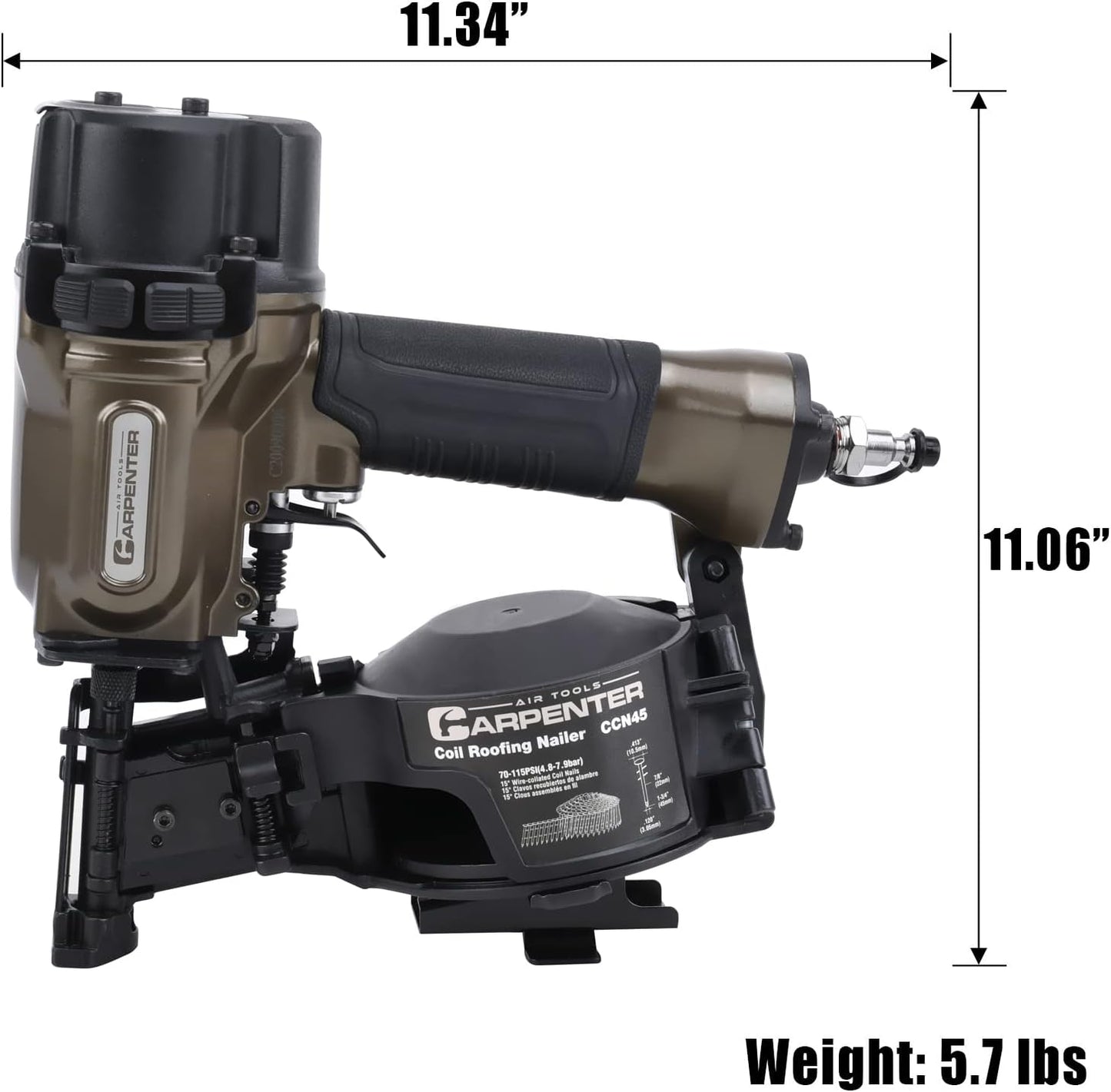 CCN45 7/8" To 1 3/4" 15° Pneumatic Coil Roofing Nailer