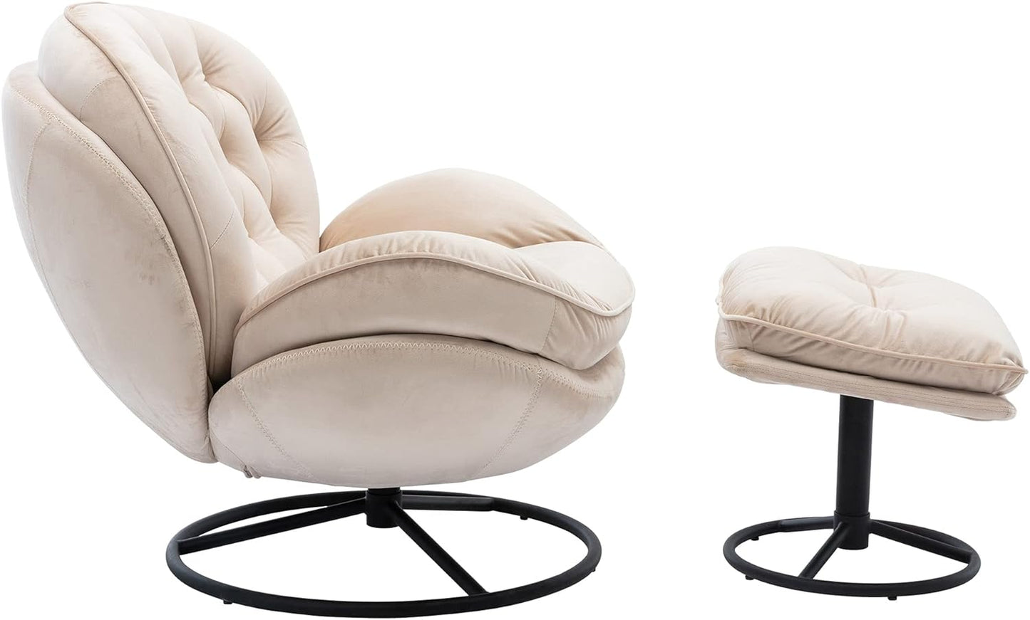 Velvet Cozy Chaise Lounge Indoor, Oversized Swivel Reading Chair with Footrest, Accent Chair with Ottoman Set for Living Room, Bedroom, Reading Room, Home Office, Metal Base Frame (Beige)