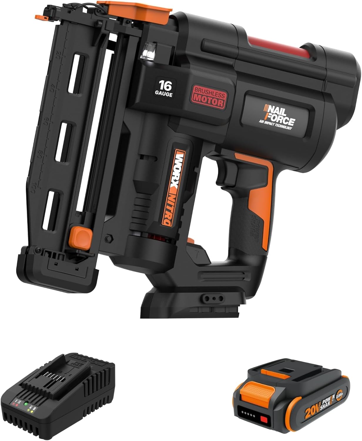 Worx Nitro 20V 16GA Finish Nailer Cordless 70 Nails/Min Sinks Up to 2-1/2", Compact Cordless Nail Gun w/Tool-Free Jam Release, Brushless Nail Gun Battery Powered WX841L.9 – Tool Only