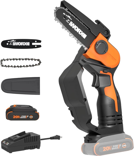 Worx 20V 5" Mini Cordless Chainsaw, 3.9 lbs, 22 ft/s Chain Speed, Power Share Battery, Upper & Hand Guard WG324 - Battery & Charger Included